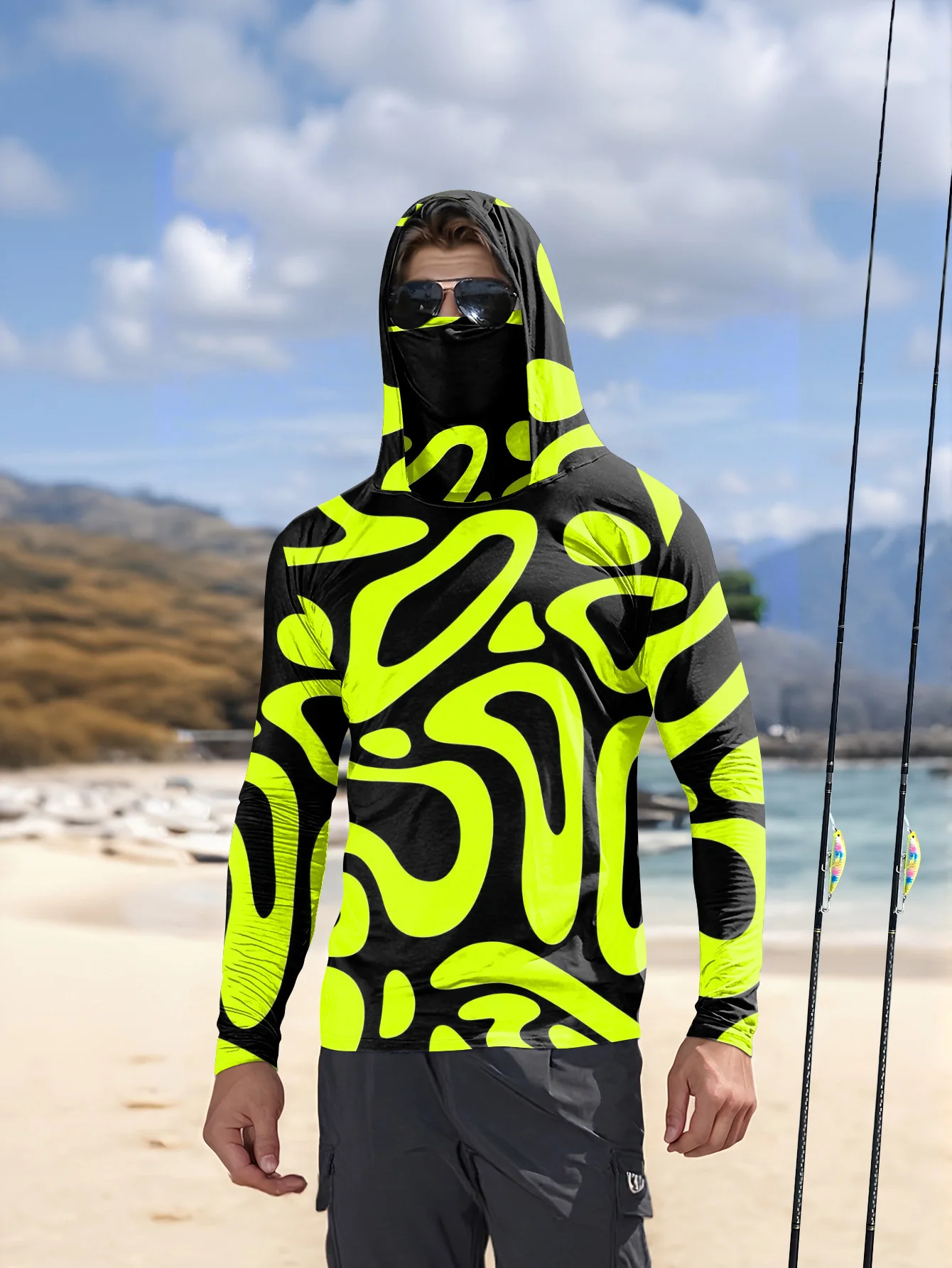 Fishing Mask Sun Protection - Мужская футболка с капюшоном и абстрактным